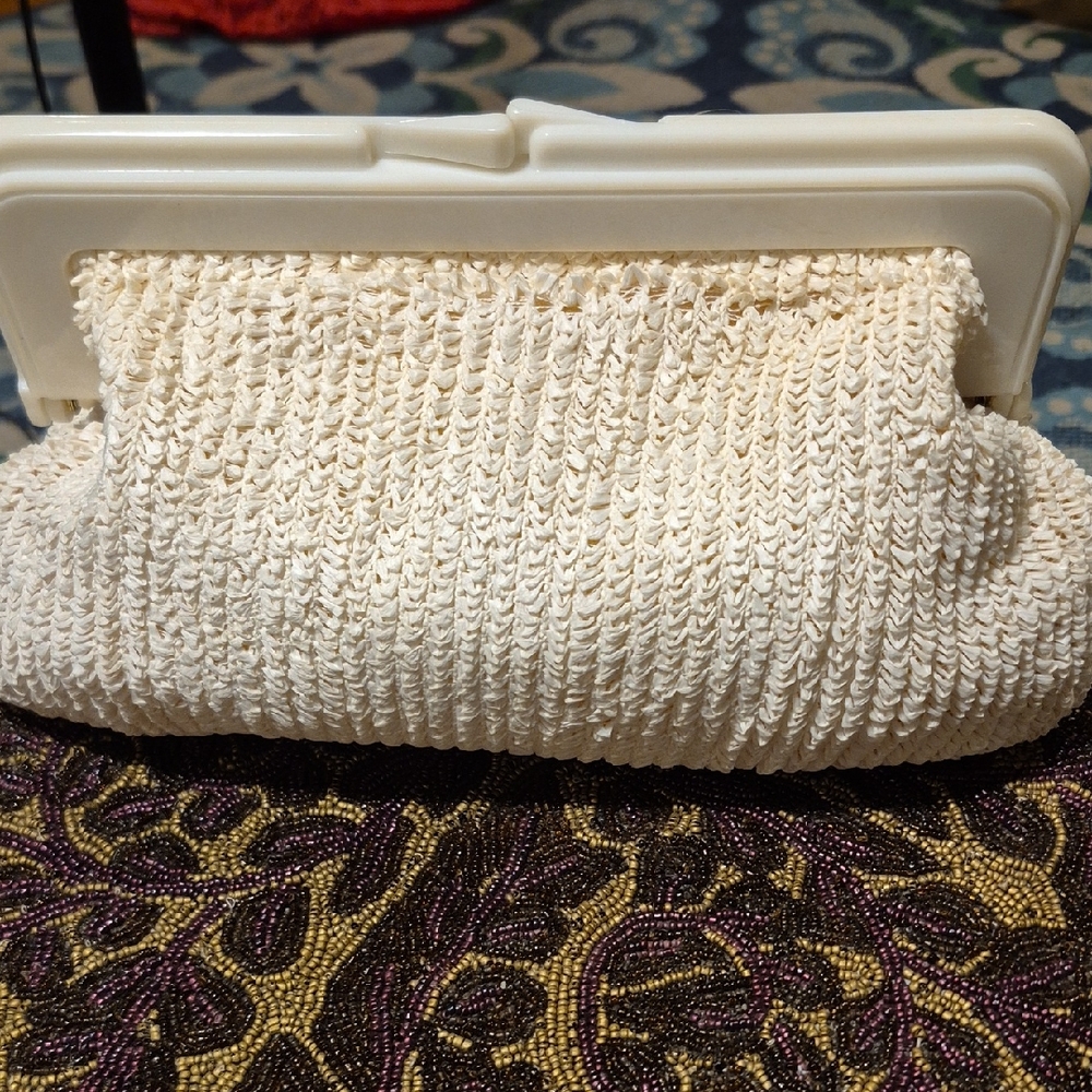 Carpetbags of America Cream Clutch with White Lucite Frame